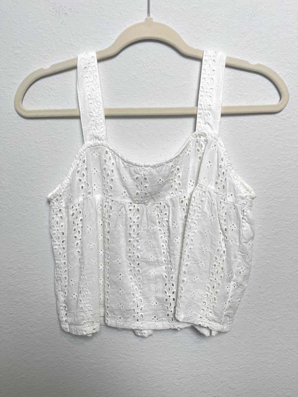 White Eyelet Lace Crop Tank Top Cottagecore Boho Button Back Cotton Soft Girl